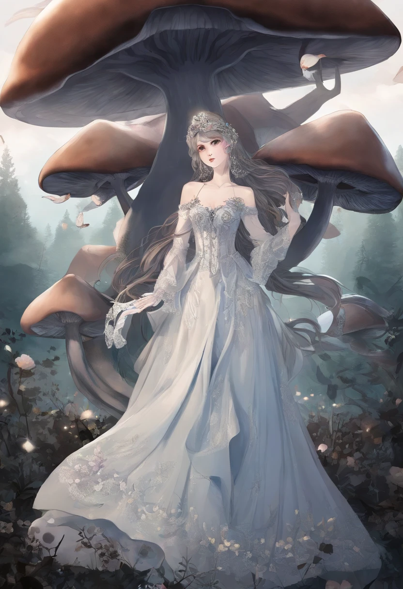 Masterpiece:1.4),, (Best quality:1.4),, Ultra-high RES,, 8K, CG,, (Extremely delicate and beautiful:1.2),,The upper part of the body,, 1girll,, Solo,, fashi-girl,, Thumbelina,Little princess,Blue taffeta court dress,Under huge mushrooms,forest backgrou ,Delicate depiction of facial features,almond eyes,Delicate eyeliner。long eyelasher,greene eyes,Black pupils,There is starlight in the eyes,Delicate lip detailing,Oil painting quality,Thick painting style