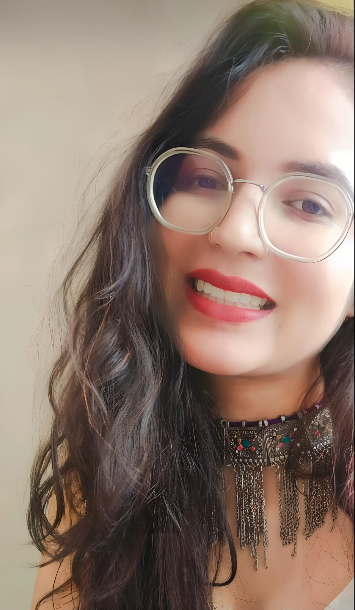 8k raw there is a woman with glasses and a necklace on her neck, wearing a native american choker, wearing intricate black choker, wearing choker, wearing gold detailed choker, !!wearing modern glasses!!, wavy long black hair and glasses, profile image, wearing thin large round glasses, wearing a chocker and cute hat, betty la fea, wearing small round glasses