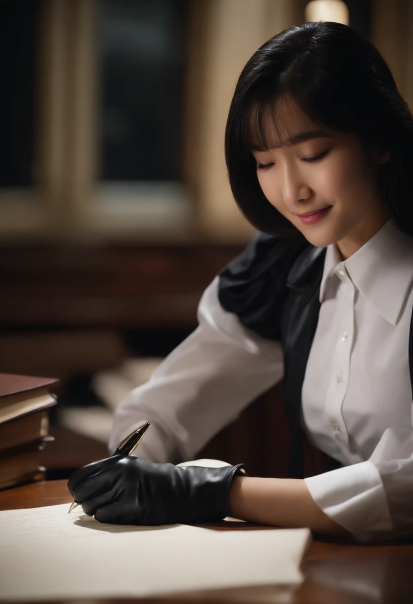 Wearing black leather gloves in both hands, upper body, black carabinieri uniform, shirt and tie, facing the desk in the modern study in the dark, looking down and smiling, writing a letter using a fountain pen, long straight black hair, young Japanese high school girl (black leather gloves cover both hands)