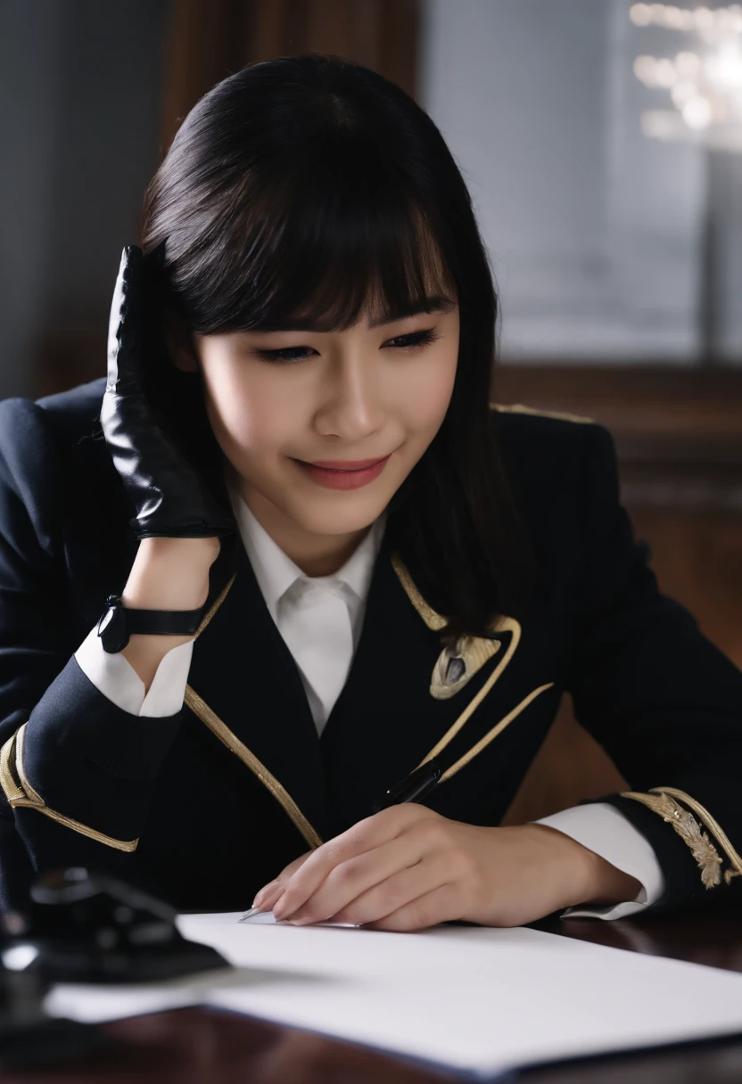 Wearing black leather gloves in both hands, upper body, black carabinieri uniform, shirt and tie, facing the desk in the modern study in the dark, looking down and smiling, writing a letter using a fountain pen, long straight black hair, young Japanese high school girl (black leather gloves cover both hands)