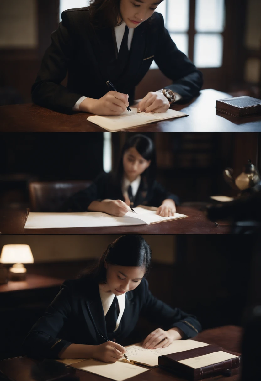 Wearing black leather gloves in both hands, upper body, black carabinieri uniform, shirt and tie, facing the desk in the modern study in the dark, looking down and smiling, writing a letter using a fountain pen, long straight black hair, young Japanese high school girl (black leather gloves cover both hands)