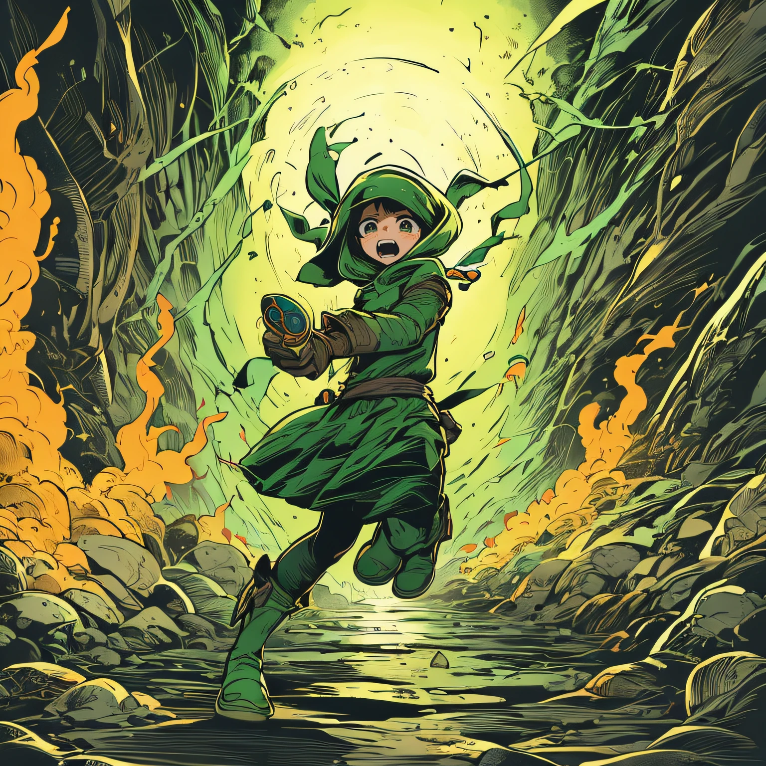  bandit girl running through hell、Green costume、Green and yellow flame