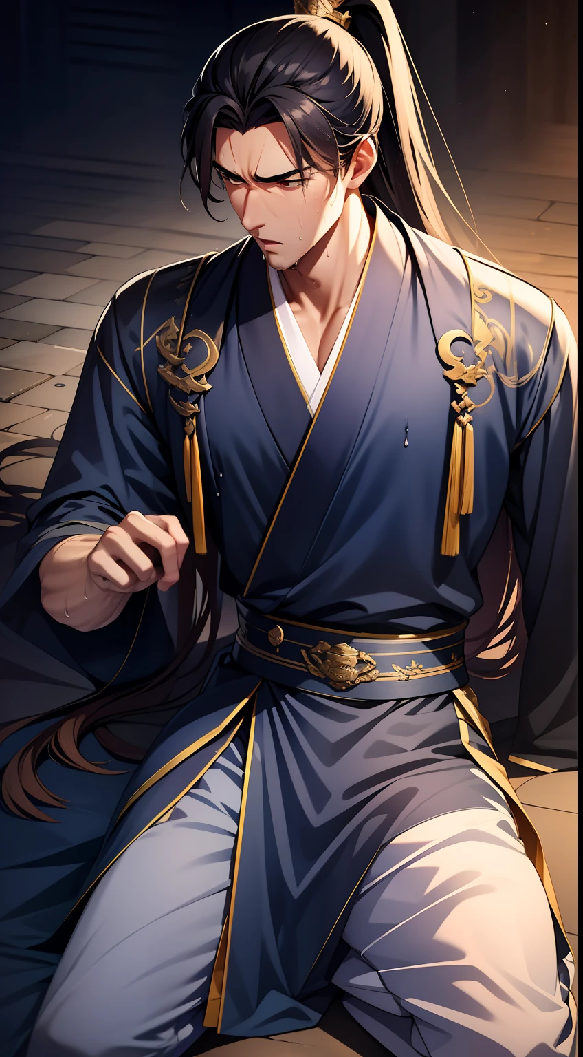 quadratic element,style of anime,mtu(Male Warrior),musculature,The proportions are correct,Face details,swordsmen,High ponytail hairstyle,perspired,Sweat on the face,drools,Neck details,There is an Adam's apple,Get wet,Drenched,Black Hanfu,kaftan,Embroidered robes,Black robe,clothes details,Handing over,longer sleeves,Game quality,Swordsmanship,Light and shadow tracking,Ray traching,detailed glow,cg render,hair detail,cabelos preto e longos,Golden eyes,Sweat on the face,Handsome,Handsome,Beads of sweat slipped down my neck,(juvenile sense),Clothing is complicated,Drenched,Get wet,Perfectcomposition,Refinement,high qulity,higher details,Lots of details,The background is complex,a sense of atmosphere,