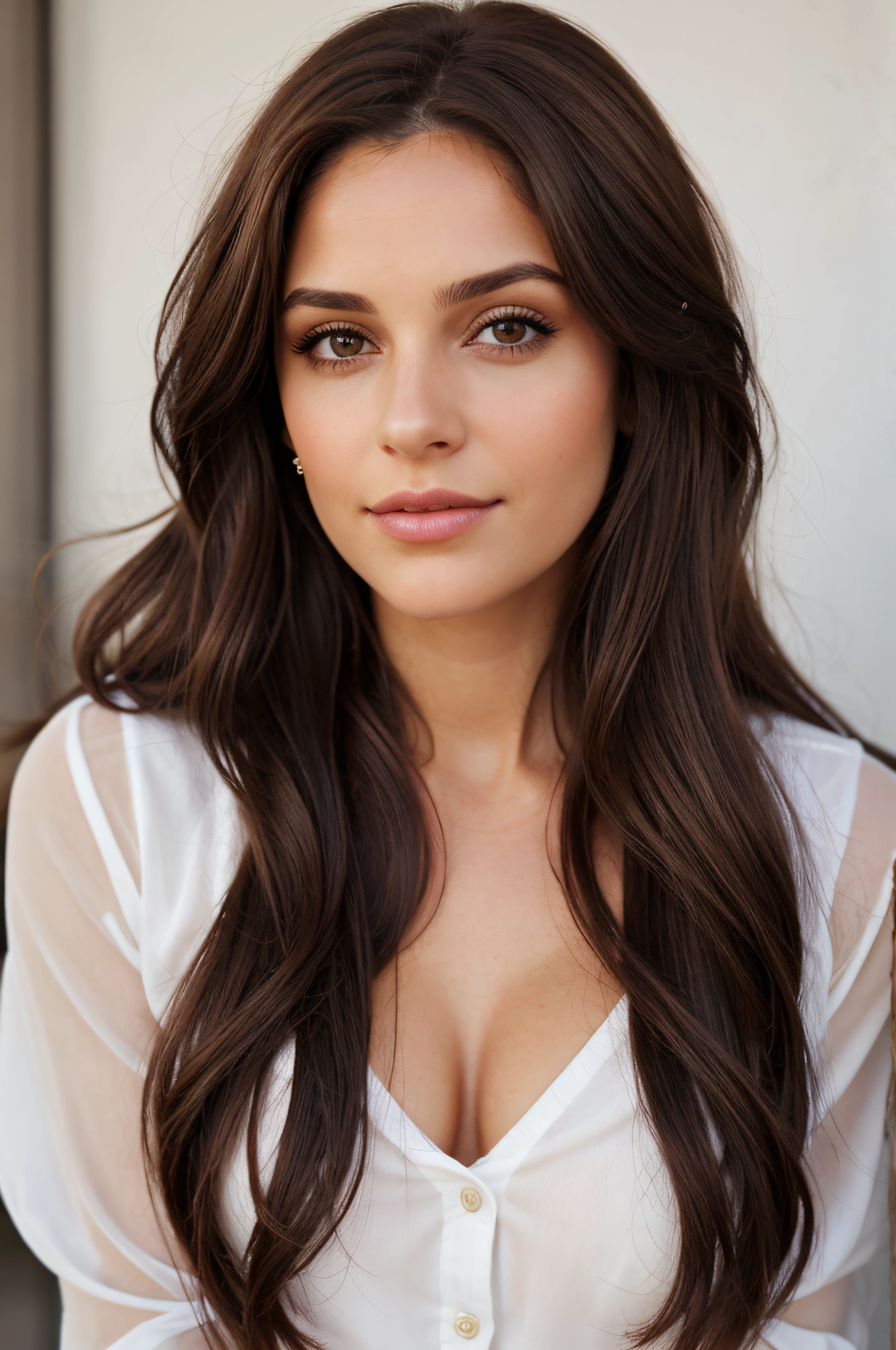 1mujer, (realista:0.75), brown hair, Cabello largo, ojos negros, feliz