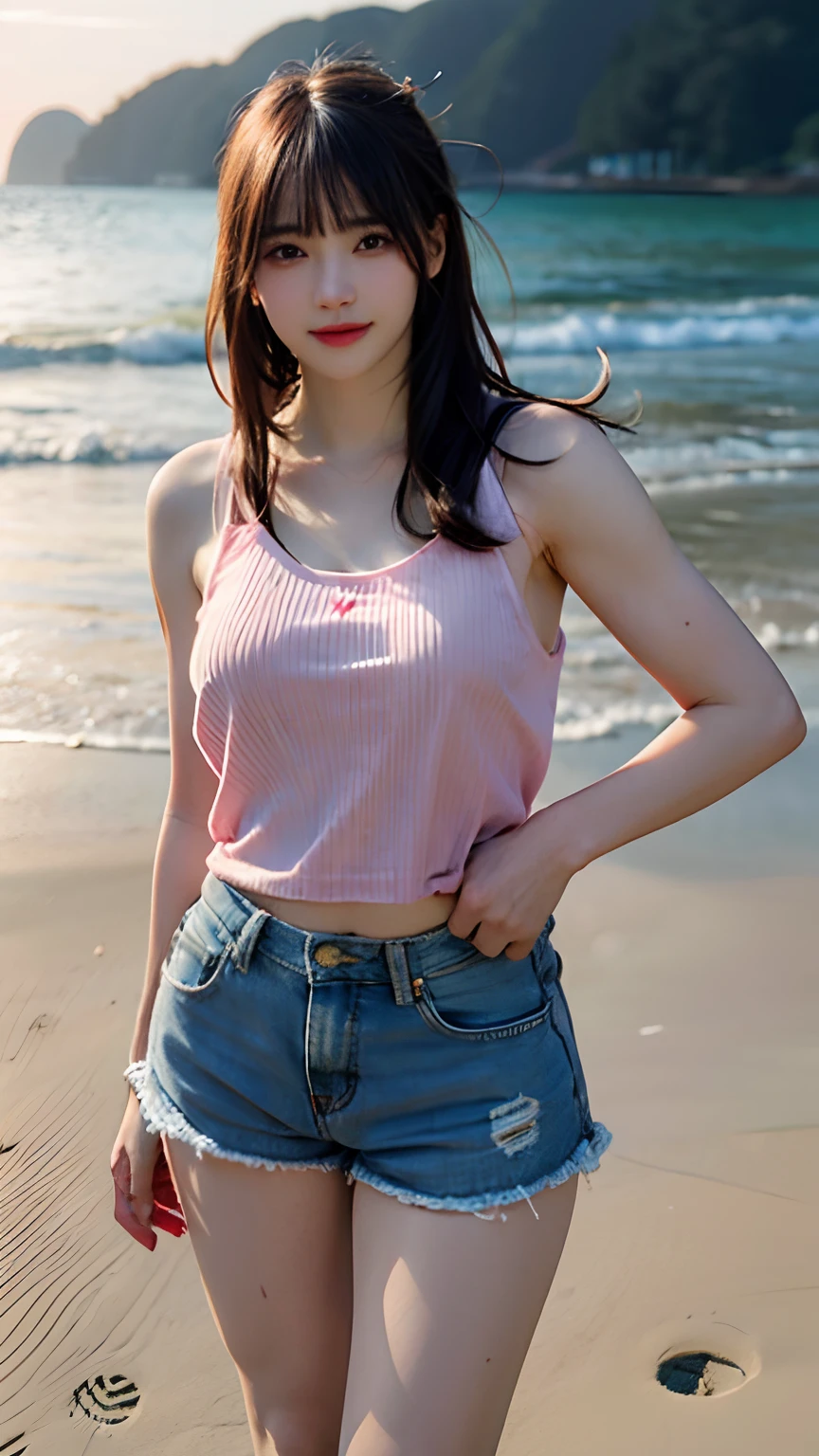 1girl, ((extreme detail)), (ultra-detailed), (best quality, 4k, 8k, highres, masterpiece:1.2), (realistic, photorealistic, photo-realistic:1.37), (extremely detailed CG unity 8k wallpaper), (an extremely delicate and beautiful), fine detail, insane details, sharp focus, soft back, soothing tones, hyperdetailed, low contrast, exposure blend, illustration, film grain, beautiful lighting, perfect lightning, precise proportions,

(perfect female figure), blush,
(beach), background blur, sunlight, daylight,
(short-length wavy parted hair:1.45),
(pink tank top), (denim shorts), (smile:0.8),