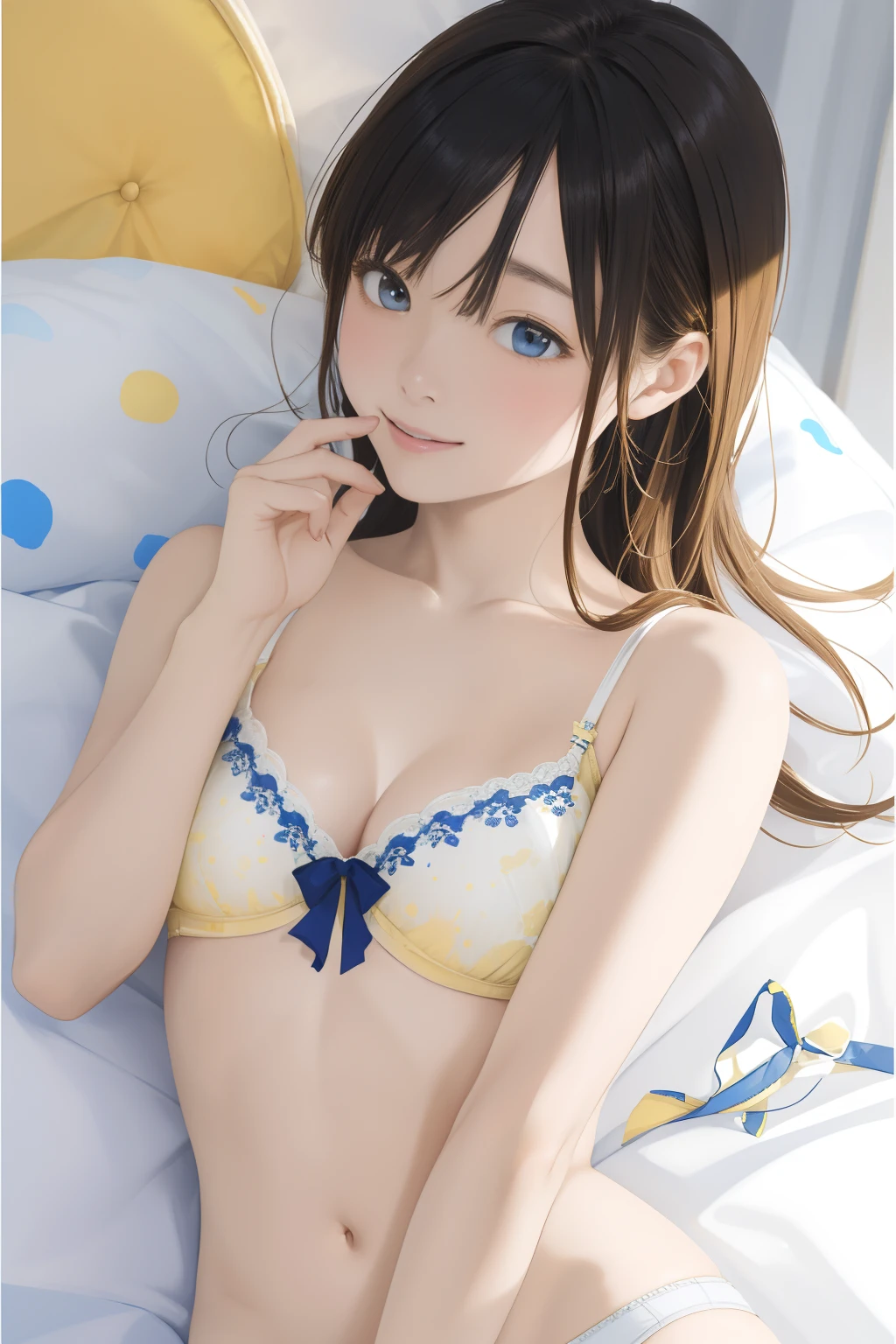 The upper part of the body、an oil painting、masterpiece、top-quality、hight resolution、Yellow medium hair、Sleeping in bed、Naughty look、Bra with white and blue dot pattern、Underwear with ribbons、Panties with white and blue dot pattern、winking、