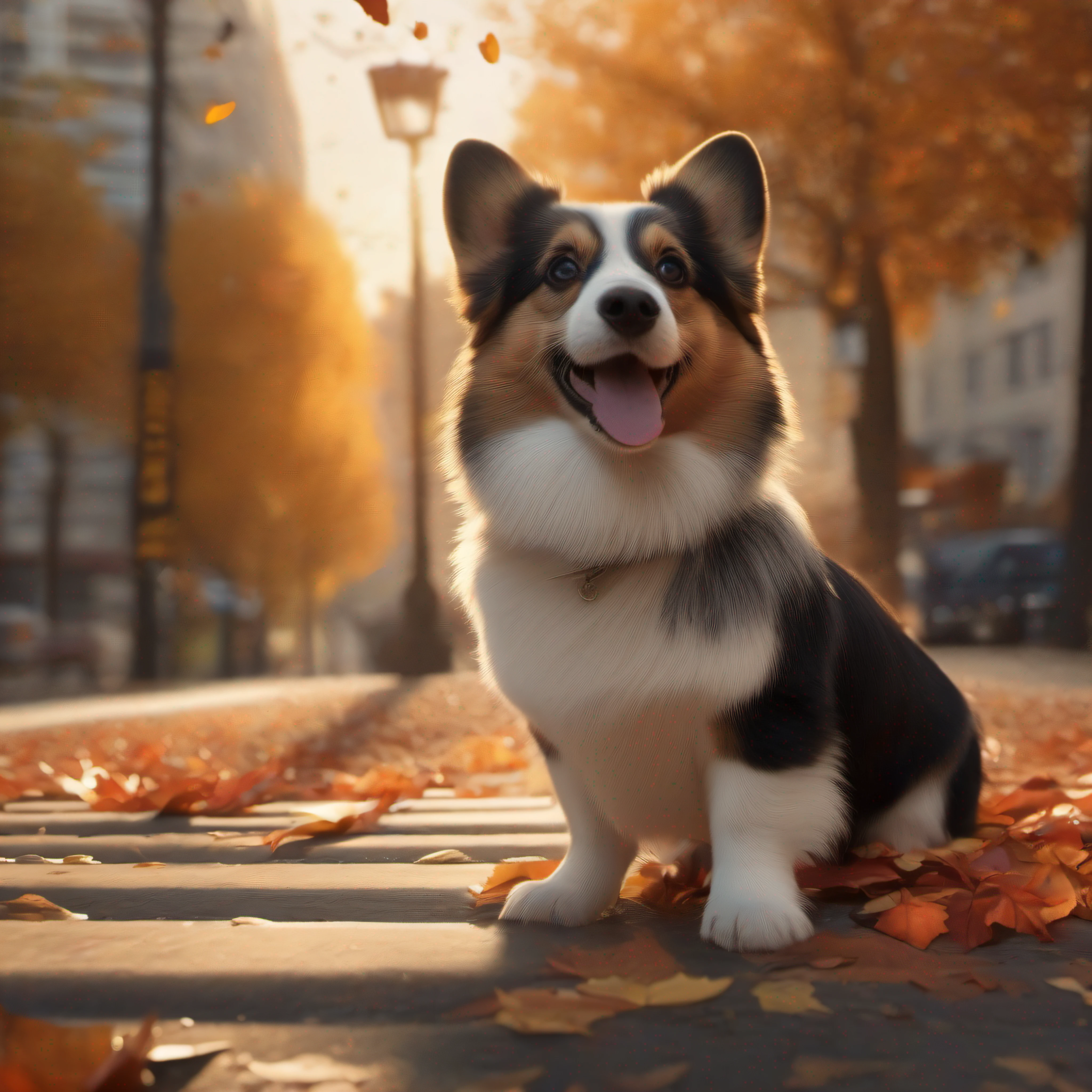 best qualtiy:1.2),(tmasterpiece:1.2),(realisticlying:1.2),close up photograph,In the city in autumn,Trees by the street,Fluttering fallen leaves,A very cute jumping puppy,Corgi,Soft volumetric light,(looking at viewert:1.3),(The light from the back window is backlighted:1.3), (cinematic ligh:1.2),intricately details,tmasterpiece