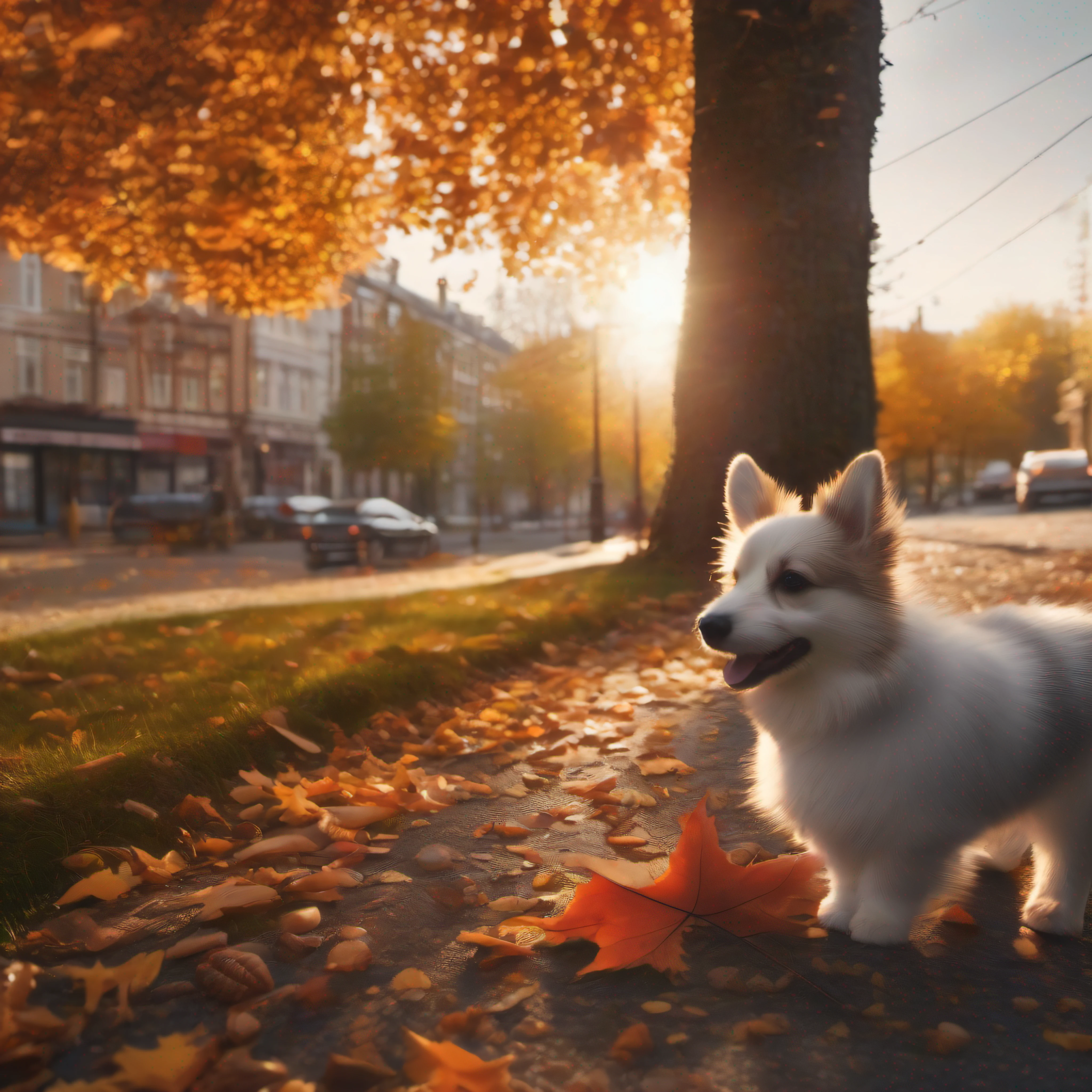 best qualtiy：1.2），（tmasterpiece：1.2），（realisticlying：1.2），close up photograph，In the city in autumn，Trees by the street，Fluttering fallen leaves，A very cute jumping puppy，Corgi，Soft volumetric light，（looking at viewert：1.3），（The light from the back window is backlighted：1.3）， （cinematic ligh：1.2），intricately details，tmasterpiece