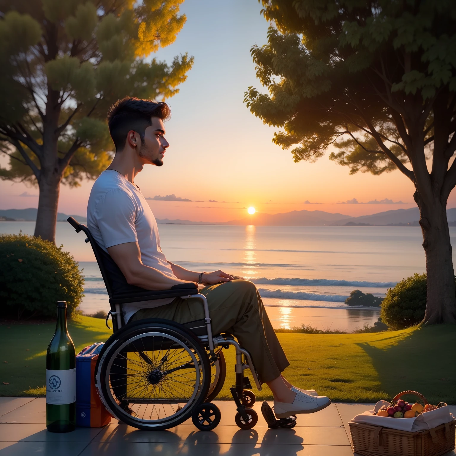 The setting is a 20-year-old sitting in a wheelchair, enjoying the sunset. He's in a quiet park, surrounded by trees . The comfortable wheelchair, permitindo que ele se mova livremente. At her feet, There is a picnic basket with some fruit and a bottle of water. O jovem tem um sorriso no rosto e parece estar em paz, taking advantage of the moment of serenity and beauty that the sunset provides.