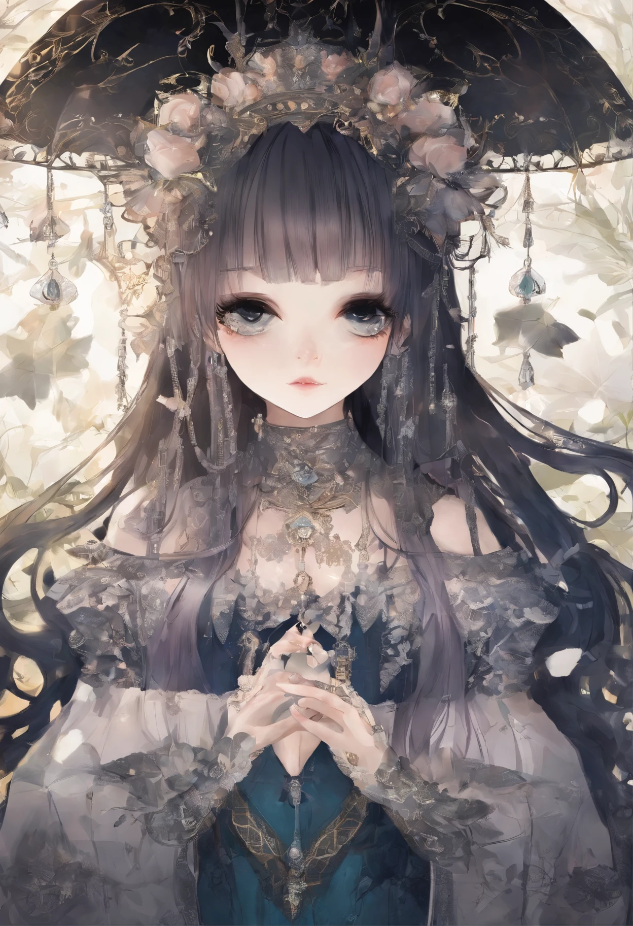 Masterpiece:1.4),, (Best quality:1.4),, Ultra-high RES,, 8K, CG,, (Extremely delicate and beautiful:1.2),,The upper part of the body,, 1girll,, Solo,, fashi-girl,, Thumbelina,Little princess,Blue taffeta court dress,Under huge mushrooms,forest backgrou ,Delicate depiction of facial features,almond eyes,Delicate eyeliner。long eyelasher,greene eyes,Black pupils,There is starlight in the eyes,Delicate lip detailing,Oil painting quality,Thick painting style