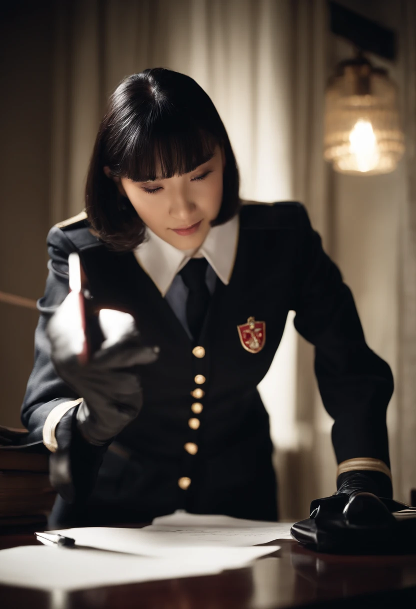 Wearing black leather gloves in both hands, upper body, black carabinieri uniform, shirt and tie, facing the desk in the modern study in the dark, looking down and smiling, writing a letter using a fountain pen, long straight black hair, young Japanese high school girl (black leather gloves cover both hands)