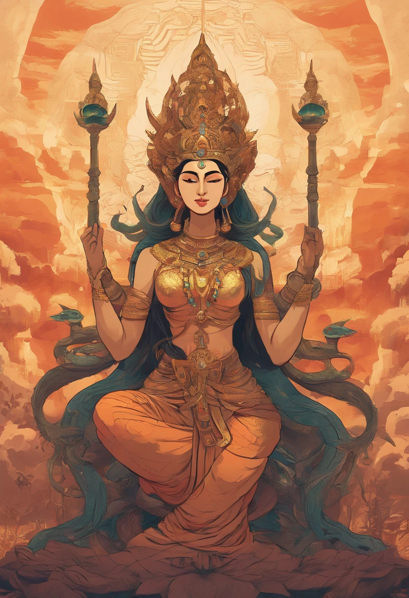 Kali, indian goddess, female figure, dark skin, four arms, holding weapons, fierce expression, detailed face, ornate headdress, necklace of skulls, standing on Shiva, Hindu mythology, digital painting, cinematic lighting, dramatic colors, moody atmosphere, photorealistic, 8k, highly detailed, masterpiece, close-up 