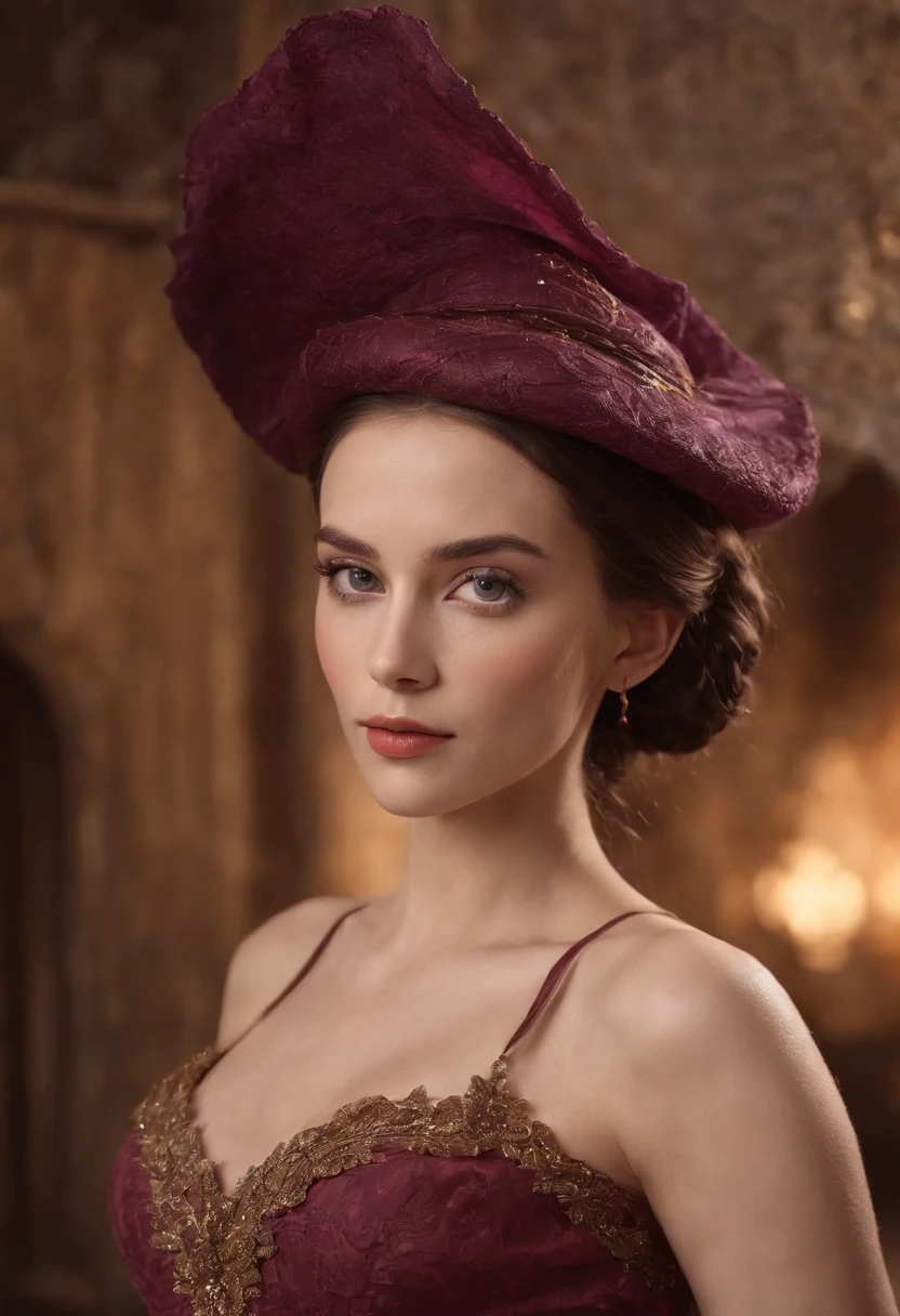 Medieval, upper body,Photorealistic image of a gorgeous brunette woman wearing a tight formal gala-dress and a large chupalla-hat, hair in a bun, hair-bun, Colorants naturels, pose dynamique, Kinematic image, Expressive style Textured detail Gorgeous face, detailed skin, (Epic science-fiction heroine, fantasy world, Femme fatale, (inspired by Tomer hanuka, Victor Mosquera, jean giraud moebius)) Looking with purple eyes on camera, Rendu octane, Hdr, couvrir, unzoom, luminisme, Bar lighting, complexe, 8k Resolution Portrait Bioluminescens Fractal Isometry Details ,Stunning realistic photography,