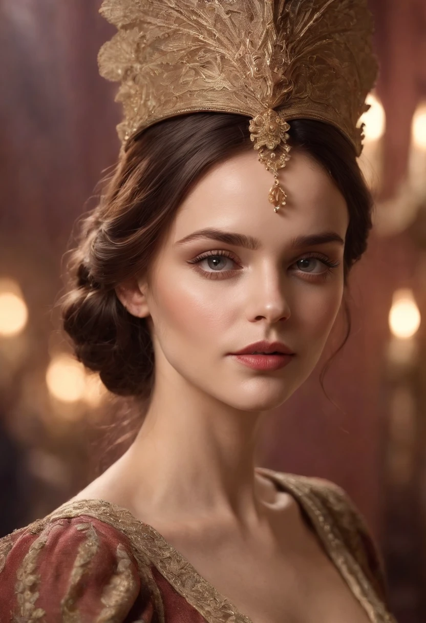 Medieval, upper body,Photorealistic image of a gorgeous brunette woman wearing a tight formal gala-dress and a large chupalla-hat, hair in a bun, hair-bun, Colorants naturels, pose dynamique, Kinematic image, Expressive style Textured detail Gorgeous face, detailed skin, (Epic science-fiction heroine, fantasy world, Femme fatale, (inspired by Tomer hanuka, Victor Mosquera, jean giraud moebius)) Looking with purple eyes on camera, Rendu octane, Hdr, couvrir, unzoom, luminisme, Bar lighting, complexe, 8k Resolution Portrait Bioluminescens Fractal Isometry Details ,Stunning realistic photography,