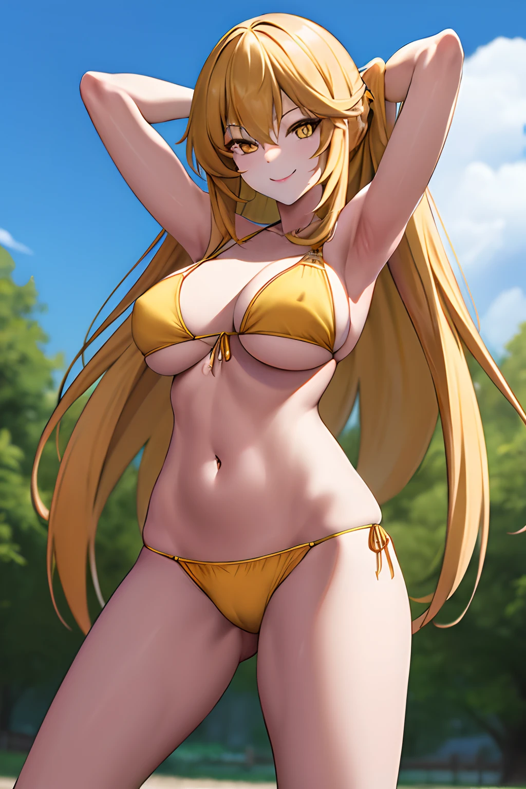 masterpiece, best quality, highres, hmmisaki, long hair, symbol-shaped pupils, +_+, large breasts, yellow bikini, cowboy shot, standing, smile, outdoors, straight-on, arms at sides,