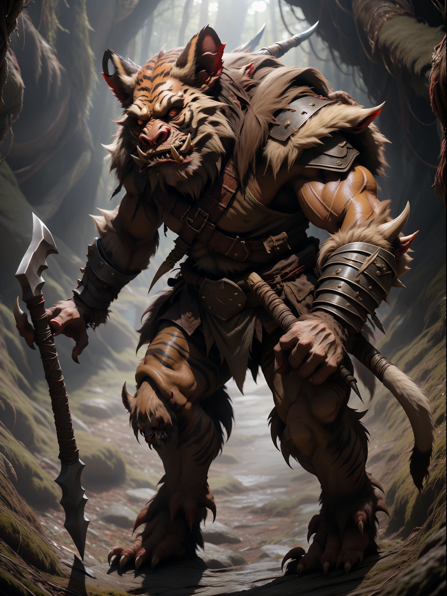 full body,  bugbear:1.2, male, solo, looking at viewer, red eyes, pointy ears, holding a bone spear, leather armour, 8k, depth of field, intricate details,  a Tiger headed monster