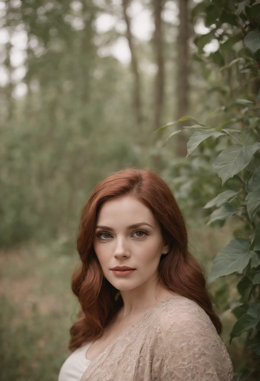 pregnant woman in cJungle, in the style of dark beige and beige, grid-based, highly textured, soft, photo taken with provia, folk/naïve,highly detailed,photo taken with fujifilm superia, charly amani,red hair