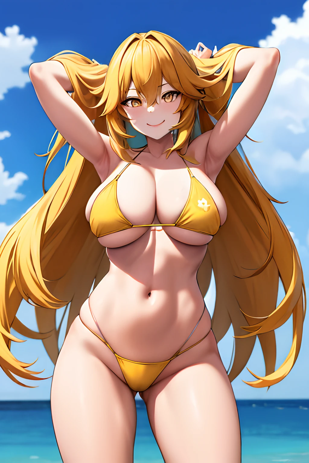masterpiece, best quality, highres, hmmisaki, long hair, symbol-shaped pupils, +_+, large breasts, yellow bikini, cowboy shot, standing, smile, outdoors, straight-on, arms at sides,
