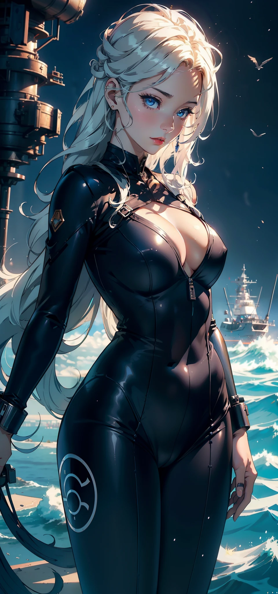 1female，35yo，plumw，extremely large bosom， 独奏，（Background with：Huge machinery，droid，the sea，battleships，Huge mechanical armor，） with long white hair，bobo head，Stand on the plane，，seen from the front， hair straight， mostly cloudy sky，（（（tmasterpiece），（Very detailed CG unity 8K wallpaper），best qualtiy，cinmatic lighting，detailed back ground，beatiful detailed eyes，Bright pupils，Blue eyes，Snow-whiteskin，Redlip（Very fine and beautiful），（Beautiful and detailed eye description），ultra - detailed，tmasterpiece，））facing at camera，A high resolution，ultra - detailed），revealing breasts，Bare genitalia，  Bulge，legs are open，Raised sexy，Camel toes，Flushed complexion，Desire for dissatisfaction，frontage，Navy，（Wearing：Sailor uniform，Jumpsuits，tightsuit）