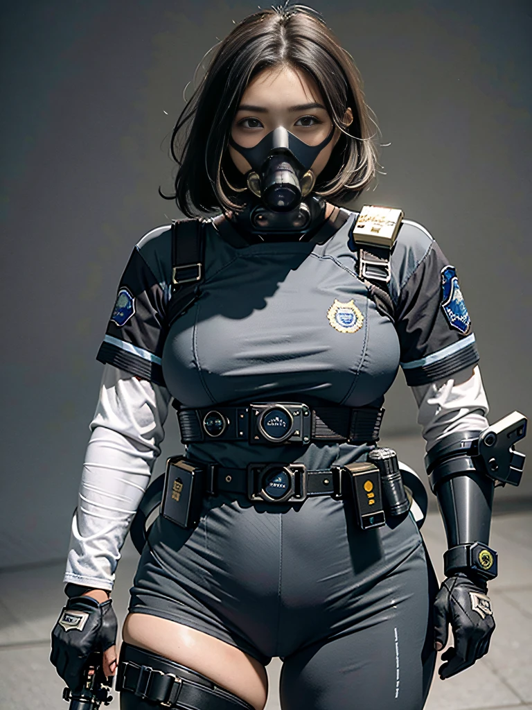 Highest image quality, outstanding details, ultra-high resolution, (realism: 1.4), ((close up:0.75)), highly condensed 1 lady, beautiful perfect proportion, (chubby:0.3, small breasts), (cloths color base ratio black:0.4 white:0.5 other-color:0.1), (wearing rash-guard likes police uniform, black and gray mecha, wearing high-tech heavy full-gasmask with futuristic goggles, military harness, holding a machinegun, carrying hich-tech-flamethrower -tank on back, revealed only face and hands), captain, background simple grey wall,
