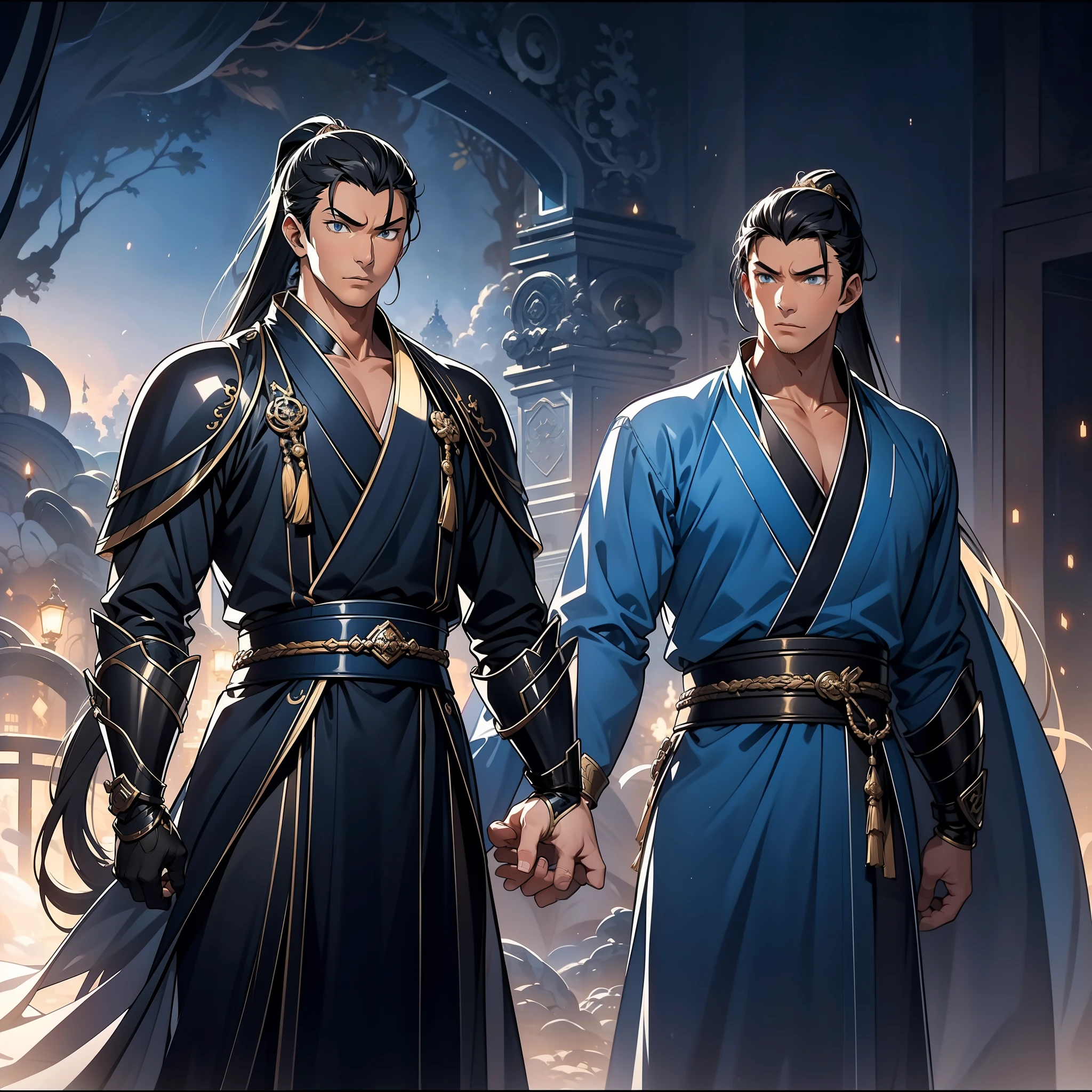 quadratic element，style of anime，mtu（Male Warrior），The proportions are correct，Face details，swordsmen，High ponytail hairstyle，Neck details，There is an Adam's apple，Blue suit，kaftan，long blue robes，clothes details，Handing over，longer sleeves，Game quality，Swordsmanship，Light and shadow tracking，Ray traching，detailed glow，cg render，hair detail，Black long hair，blue colored eyes，Handsome，Handsome，（juvenile sense），Clothing is complicated，Perfectcomposition，Refinement，high qulity，higher details，Lots of details，The background is complex，a sense of atmosphere，