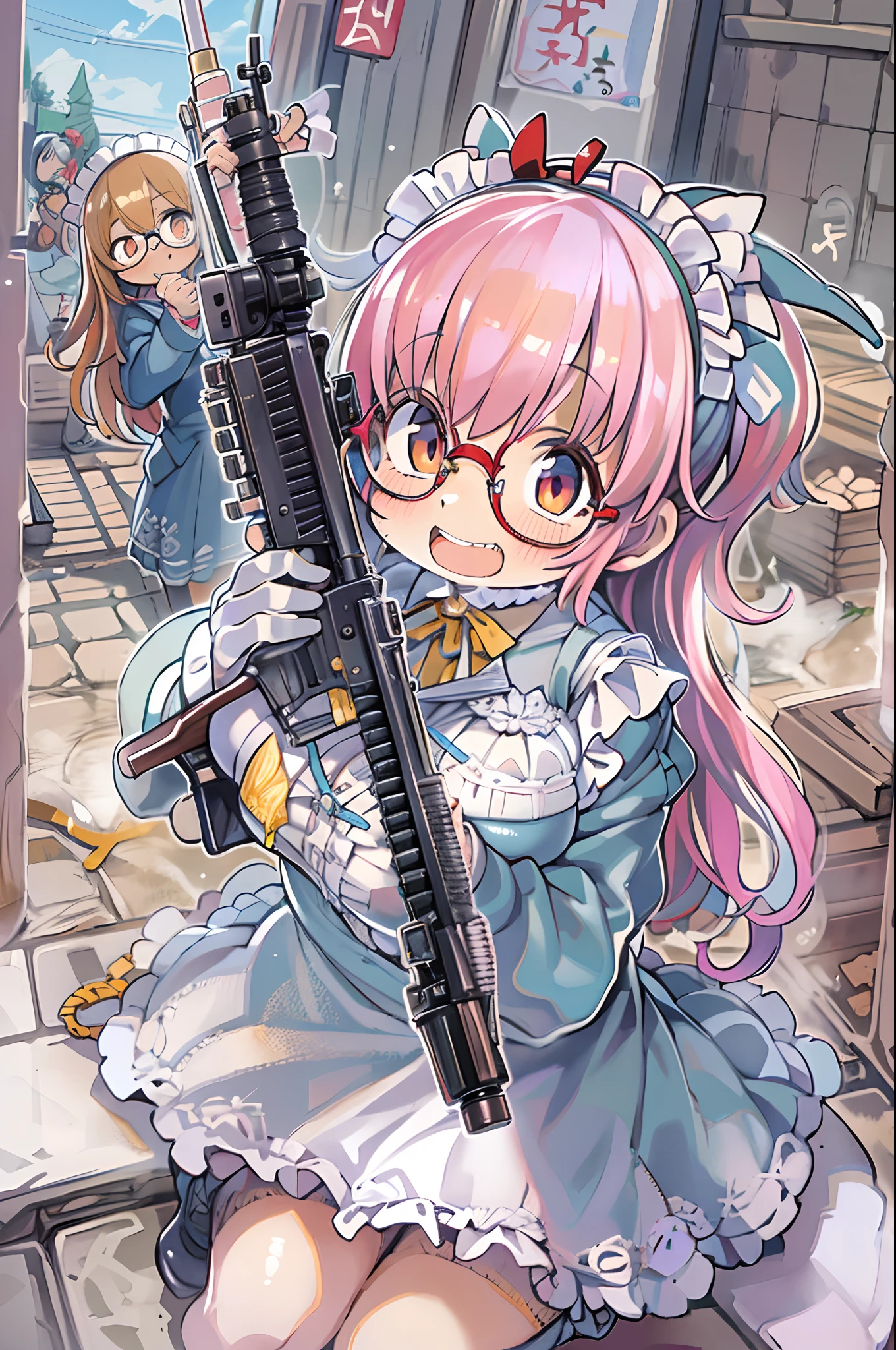 masutepiece, Best Quality, 1girl in, Empty eyes, Utsurome, maid, Smile,a child girl,Lori,(((Huge assault rifle))),rocket launcher、Multiple girls、big round glasses,double tooth