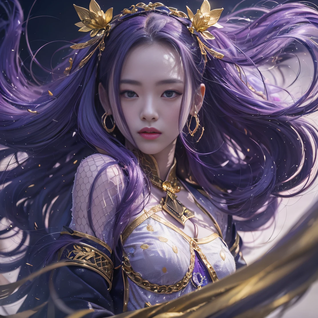 Genki Girl 32K(tmasterpiece,k hd,hyper HD,32K)Long flowing bright purple hair,Autumn Pond,zydink, a color, Asian people (Genki girl), (Silk scarf), Combat posture, looking at the ground, long whitr hair, Floating bright purple, Fire cloud pattern gold tiara, Chinese long-sleeved gold silk garment, (Abstract metaverse splash:1.2), white backgrounid,Lotus vitality protector(realisticlying:1.4),Bright purple hair,Smoke on the road,The background is pure, A high resolution, the detail, RAW photogr, Sharp Re, Nikon D850 Film Stock Photo by Jefferies Lee 4 Kodak Portra 400 Camera F1.6 shots, Rich colors, ultra-realistic vivid textures, Dramatic lighting, Unreal Engine Art Station Trend, cinestir 800,A girl with long flowing bright purple hair