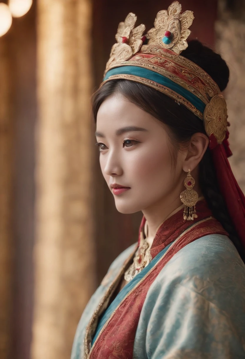 (masterpiece, best qualtiy, realisticlying:1.37), (Complex and sophisticated,Highly detailed skin and face), (1girl), standing on your feet, a beauty girl, Tibetan clothing, Colorful costumes, Fleece collar, Padded collar,High-end Tibetan clothing, Cumbersome Tibetan costume design, Warm clothing,Winter clothing, Appearance Yang Chaoran, Rounded face shape, Gorgeous Tibetan costumes, Cumbersome Tibetan necklace, Cumbersome Tibetan headdress, Colored headband,cinematic pastel lighting, 8k wallpaper, Solidarity,art stations, (medium close-up)