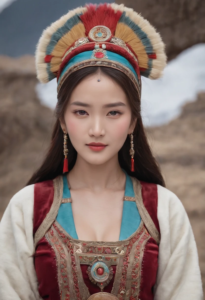 (masterpiece, best qualtiy, realisticlying:1.37), (Complex and sophisticated,Highly detailed skin and face), (1girl), standing on your feet, a beauty girl, Tibetan clothing, Colorful costumes, Fleece collar, Padded collar,High-end Tibetan clothing, Cumbersome Tibetan costume design, Warm clothing,Winter clothing, Appearance Yang Chaoran, Rounded face shape, Gorgeous Tibetan costumes, Cumbersome Tibetan necklace, Cumbersome Tibetan headdress, Colored headband,cinematic pastel lighting, 8k wallpaper, Solidarity,art stations, (medium close-up)