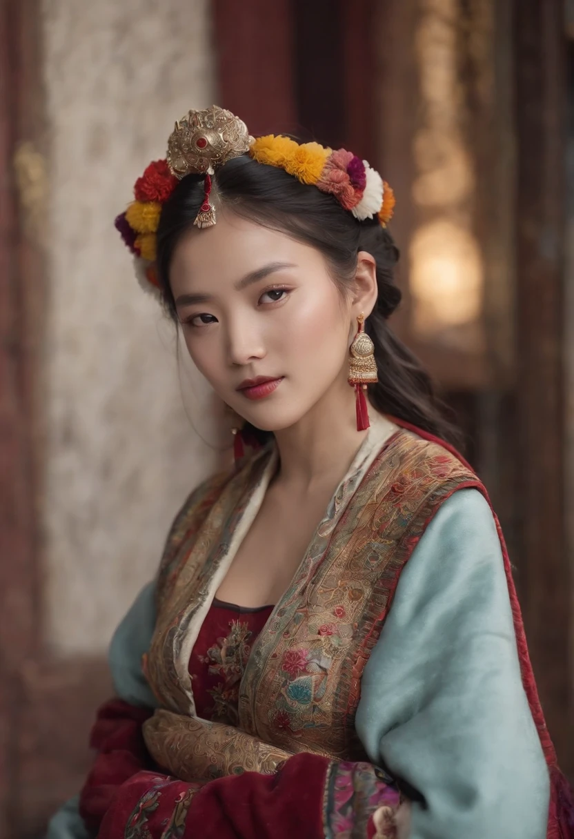(masterpiece, best qualtiy, realisticlying:1.37), (Complex and sophisticated,Highly detailed skin and face), (1girl), standing on your feet, a beauty girl, Tibetan clothing, Colorful costumes, Fleece collar, Padded collar,High-end Tibetan clothing, Cumbersome Tibetan costume design, Warm clothing,Winter clothing, Appearance Yang Chaoran, Rounded face shape, Gorgeous Tibetan costumes, Cumbersome Tibetan necklace, Cumbersome Tibetan headdress, Colored headband,cinematic pastel lighting, 8k wallpaper, Solidarity,art stations, (medium close-up)