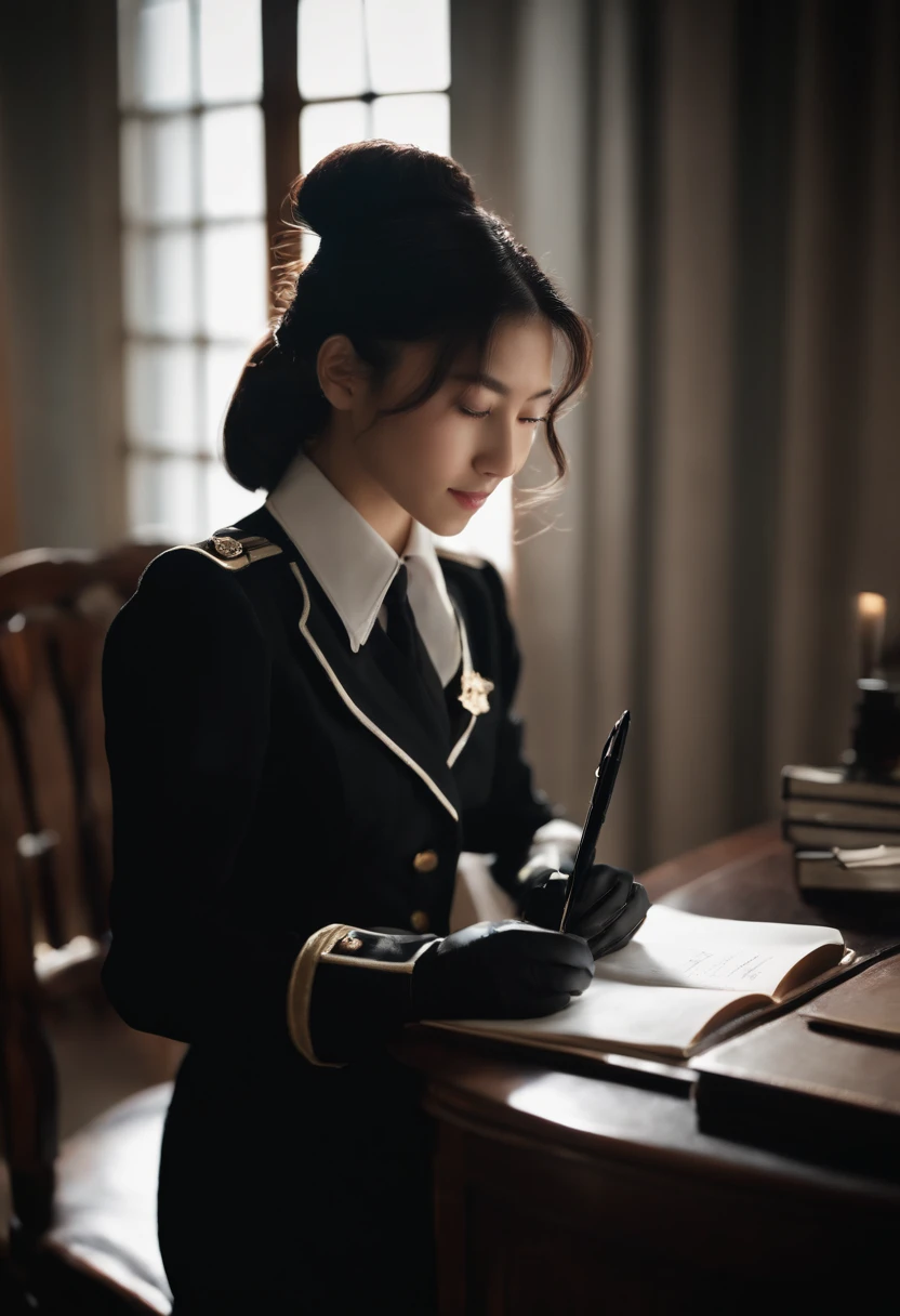 Wearing black leather gloves in both hands, upper body, black carabinieri uniform, shirt and tie, facing the desk in the modern study in the dark, looking down and smiling, writing a letter using a fountain pen, long straight black hair, young Japanese high school girl (black leather gloves cover both hands)