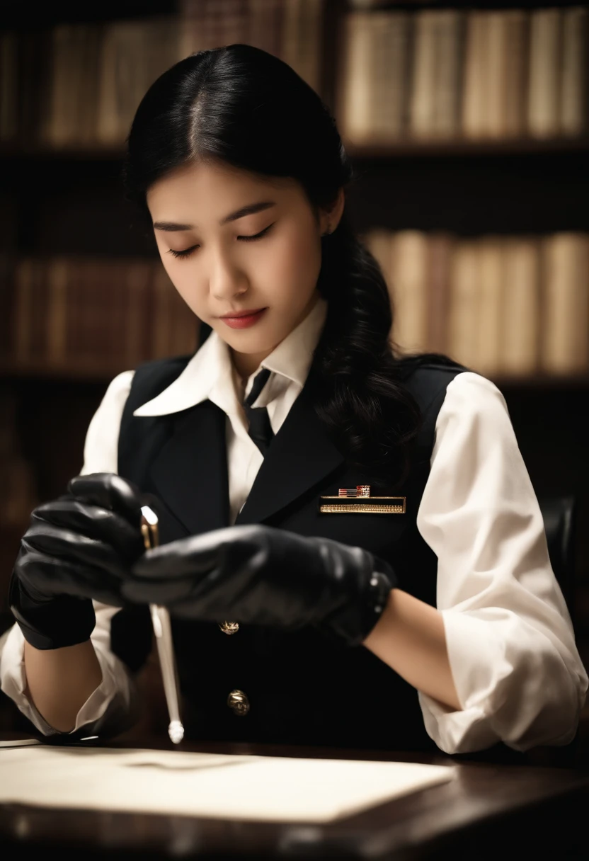 Wearing black leather gloves in both hands, upper body, black carabinieri uniform, shirt and tie, facing the desk in the modern study in the dark, looking down and smiling, writing a letter using a fountain pen, long straight black hair, young Japanese high school girl (black leather gloves cover both hands)