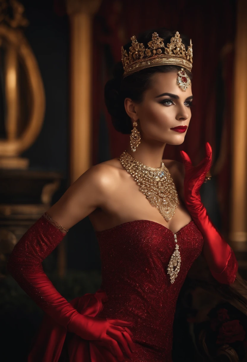 mulher em baile de gala ,classical style ,Dressed in jaguar costume ,mascara nos olhos ,batom vermelho ,vestido cumprido,Gloves and jewelry,realista .
