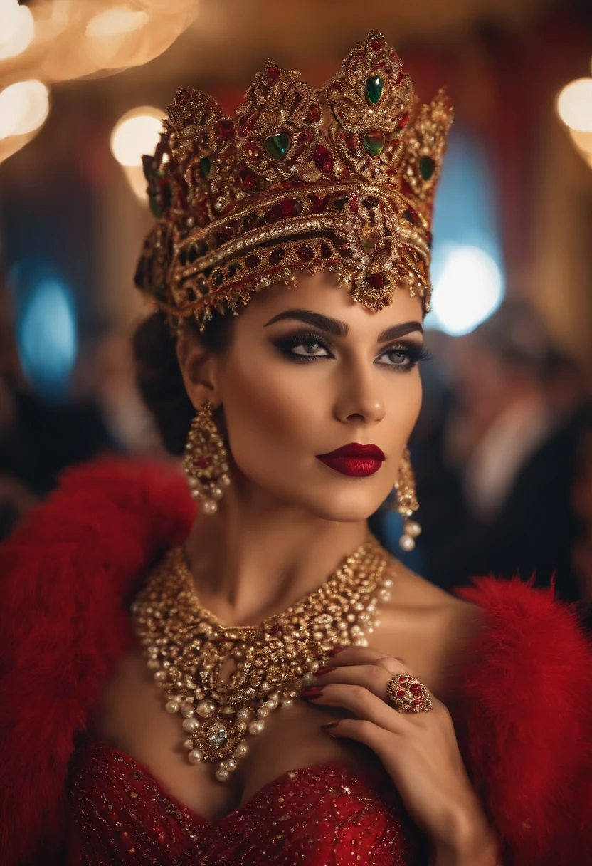 mulher em baile de gala ,classical style ,Dressed in jaguar costume ,mascara nos olhos ,batom vermelho ,vestido cumprido,Gloves and jewelry,realista .