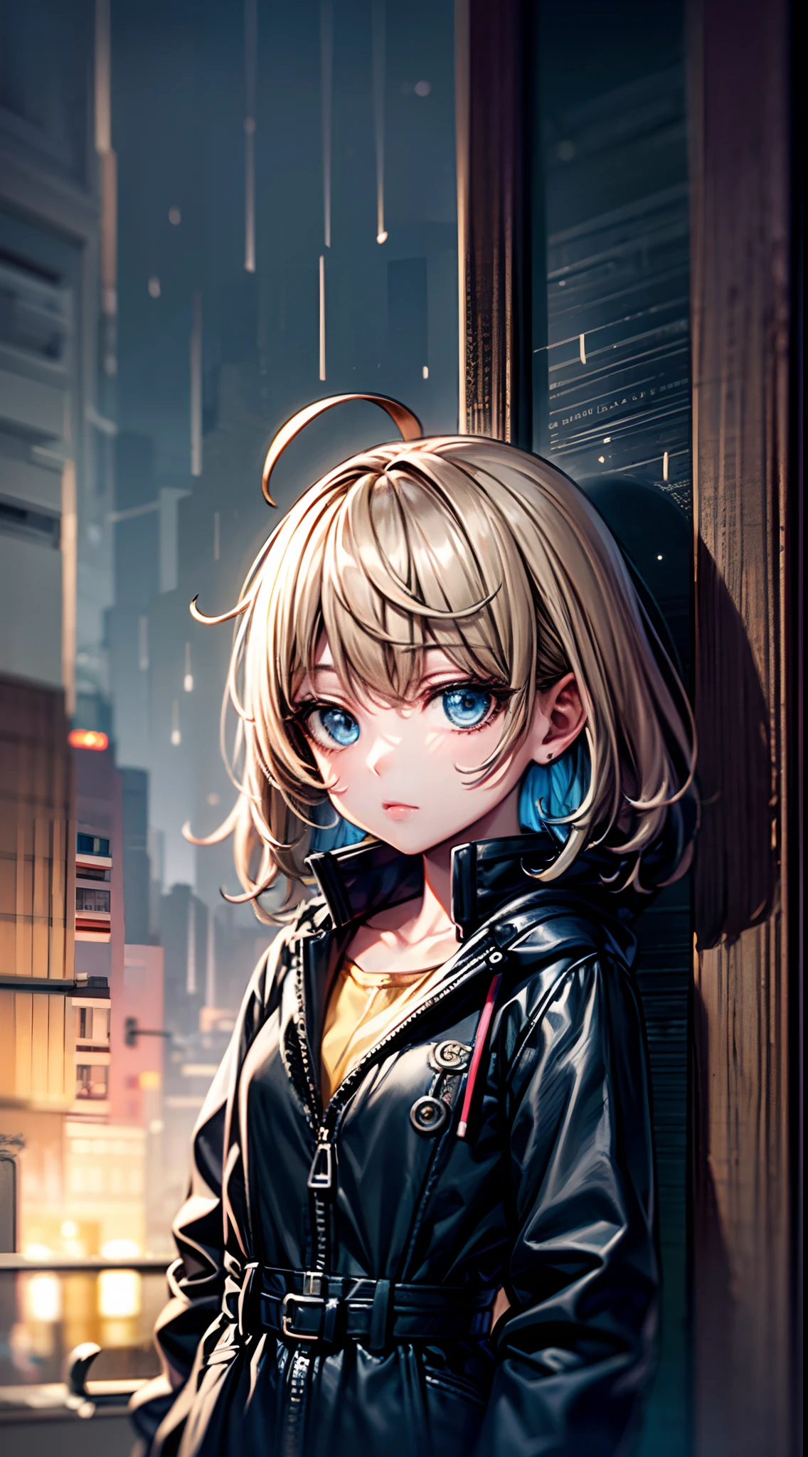 masterpiece:1.2, high quality art:1.1, rain in the night city, melancholic atmosphere, vibrant colours, tanya, add_detail:2
