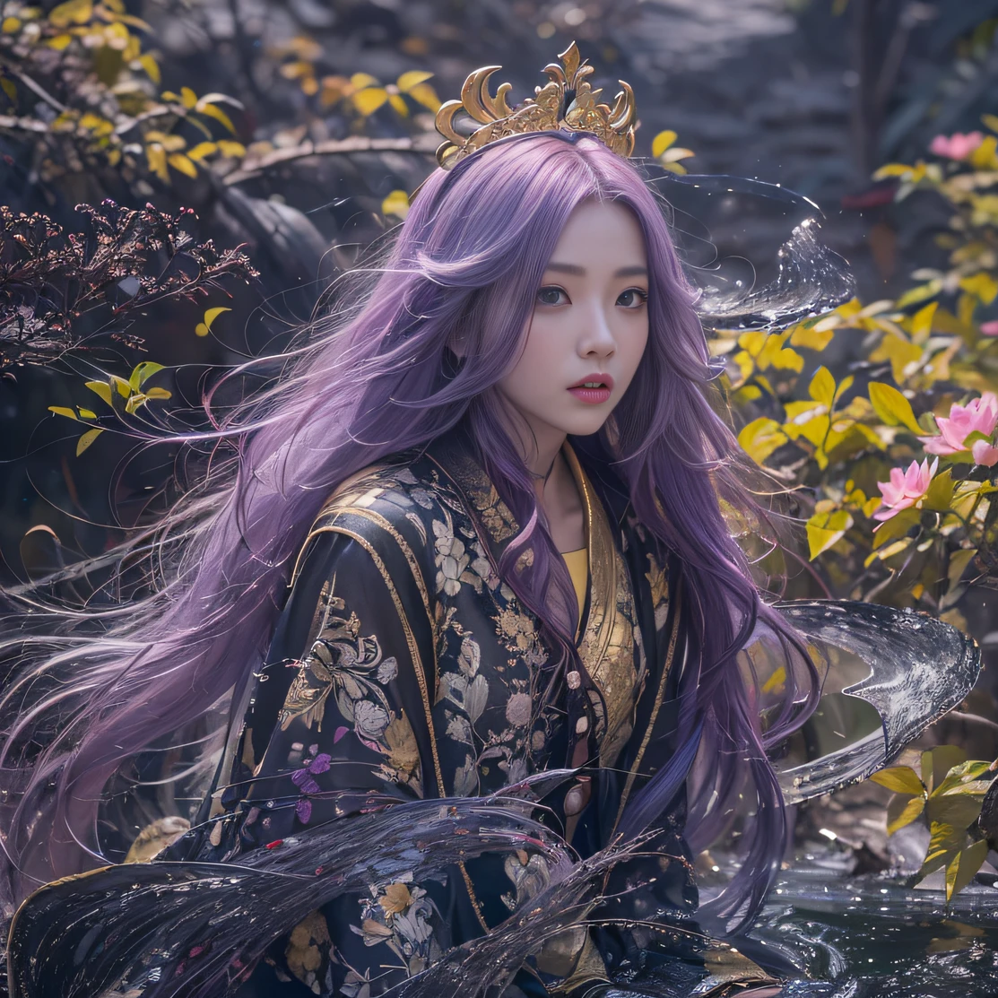 Genki Girl 32K(tmasterpiece,k hd,hyper HD,32K)Long flowing bright purple hair,Autumn Pond,zydink, a color, Asian people (Genki girl), (Silk scarf), Combat posture, looking at the ground, long whitr hair, Floating bright purple, Fire cloud pattern gold tiara, Chinese long-sleeved gold silk garment, (Abstract metaverse splash:1.2), white backgrounid,Lotus vitality protector(realisticlying:1.4),Bright purple hair,Smoke on the road,The background is pure, A high resolution, the detail, RAW photogr, Sharp Re, Nikon D850 Film Stock Photo by Jefferies Lee 4 Kodak Portra 400 Camera F1.6 shots, Rich colors, ultra-realistic vivid textures, Dramatic lighting, Unreal Engine Art Station Trend, cinestir 800,A girl with long flowing bright purple hair