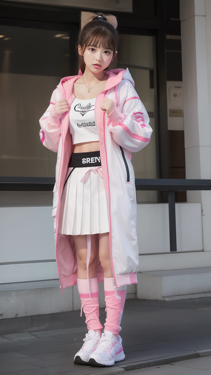 Idol in a hooded jacket、large full breasts、beautiful foot、、Pleated mini-skirt、Good Style、White and pink clothes、、Street Cap