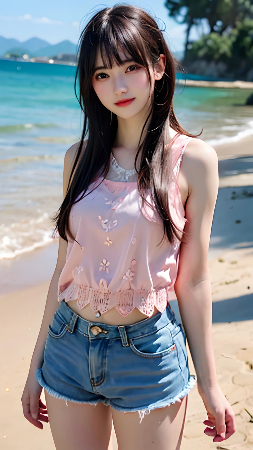 1girl, ((extreme detail)), (ultra-detailed), (best quality, 4k, 8k, highres, masterpiece:1.2), (realistic, photorealistic, photo-realistic:1.37), (extremely detailed CG unity 8k wallpaper), (an extremely delicate and beautiful), fine detail, insane details, sharp focus, soft back, soothing tones, hyperdetailed, low contrast, exposure blend, illustration, film grain, beautiful lighting, perfect lightning, precise proportions,
(perfect female figure), blush,
(beach), background blur, sunlight, daylight,
(short-length wavy parted hair:1.45),
(pink lace tank top), (denim shorts), (smile:0.8),
