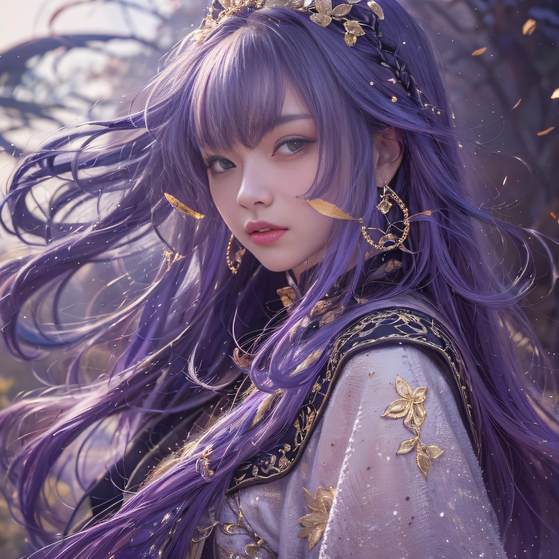 Genki Girl 32K（tmasterpiece，k hd，hyper HD，32K）Long flowing bright purple hair，Autumn Pond，zydink， a color， Asian people （Genki girl）， （Silk scarf）， Combat posture， looking at the ground， long whitr hair， Floating bright purple， Fire cloud pattern gold tiara， Chinese long-sleeved gold silk garment， （Abstract metaverse splash：1.2）， white backgrounid，Lotus vitality protector（realisticlying：1.4），Bright purple hair，Smoke on the road，The background is pure， A high resolution， the detail， RAW photogr， Sharp Re， Nikon D850 Film Stock Photo by Jefferies Lee 4 Kodak Portra 400 Camera F1.6 shots, Rich colors, ultra-realistic vivid textures, Dramatic lighting, Unreal Engine Art Station Trend, cinestir 800，A girl with long flowing bright purple hair