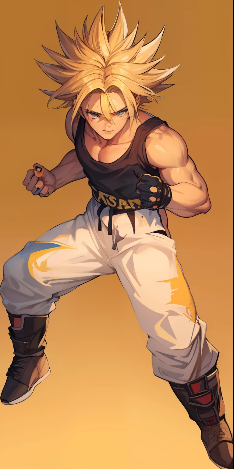 He's blond, tiene un peinado corto y escotado. Tiene rastrojo. Tiene la piel color miel. Tiene ojos morados. Es muy musculoso. Viste casual, Ropa deportiva. Tiene un anillo labial, un anillo en la nariz y 2 perforaciones en las orejas.