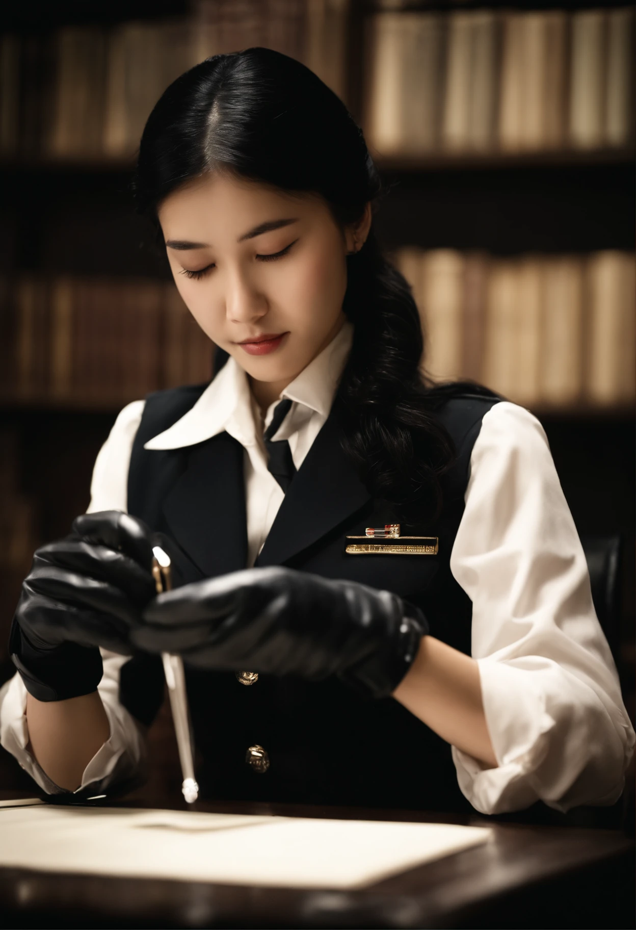 Wearing black leather gloves in both hands, upper body, black carabinieri uniform, shirt and tie, facing the desk in the modern study in the dark, looking down and smiling, writing a letter using a fountain pen, long straight black hair, young Japanese high school girl (black leather gloves cover both hands)