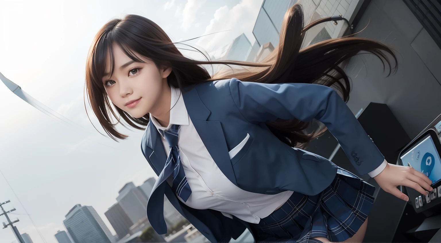(The background is filled with a simple blue design pattern in 2D), (Formal jacket dark blue), Left margin, The theme color is blue, masutepiece, Super Detail, High quality, awardwinning, 8K, (girl), Solo, Smiling, High School Uniform, White shirt, Short tie, Short pleated skirt is plaid, Half body shot, Shooting from the front, Detailed fingers, romantic, Cinematic Light