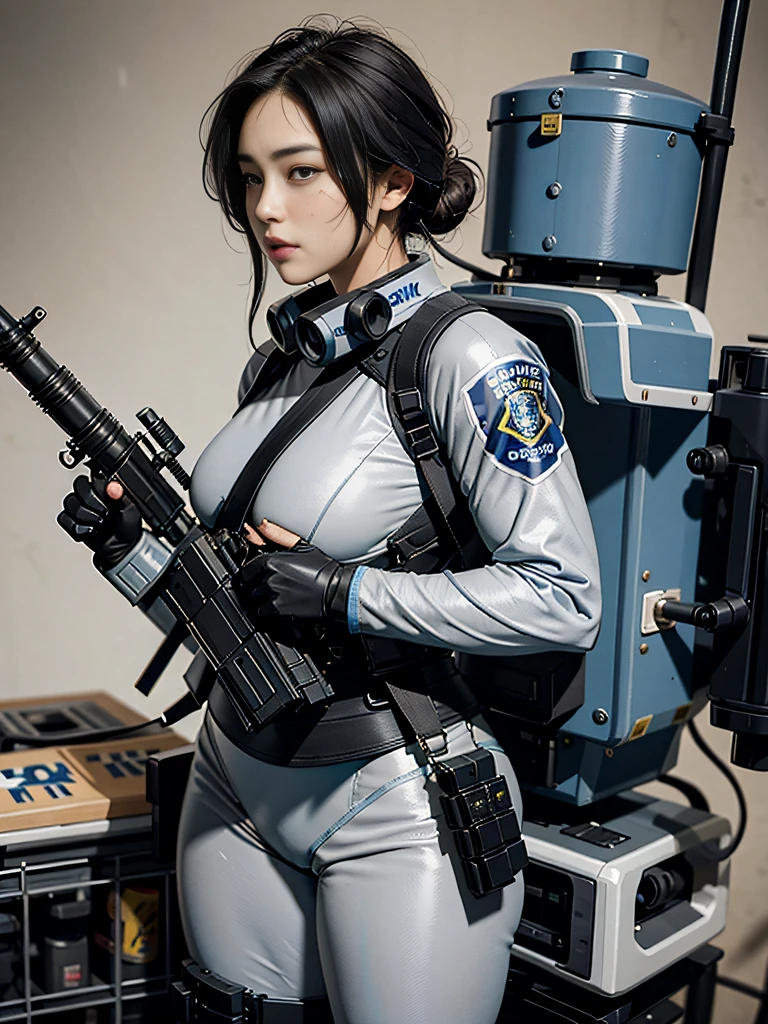 Highest image quality, outstanding details, ultra-high resolution, (realism: 1.4), ((close up:0.75)), highly condensed 1 lady, beautiful perfect proportion, (chubby:0.3, small breasts), (cloths color base ratio black:0.4 white:0.5 other-color:0.1), (wearing rash-guard likes police uniform, black and gray mecha, wearing high-tech heavy full-gasmask with futuristic goggles, military harness, holding a machinegun, carrying hich-tech-flamethrower -tank on back, revealed only face and hands), captain, background simple grey wall,