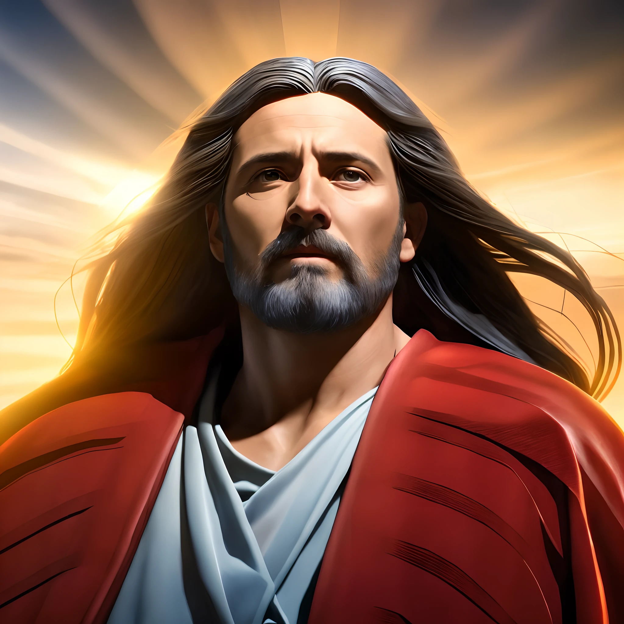 arafed image of a man with long hair and a beard, jesus, portrait of jesus christ, jesus christ, jesus christ in mass effect, jesus christ going super saiyan, jesus face, bright light masterpiece, tron legacy jesus christ, tron legacy jesus, epic biblical depiction, jesus of nazareth, by Juan O'Gorman, inspired by Carl Heinrich Bloch