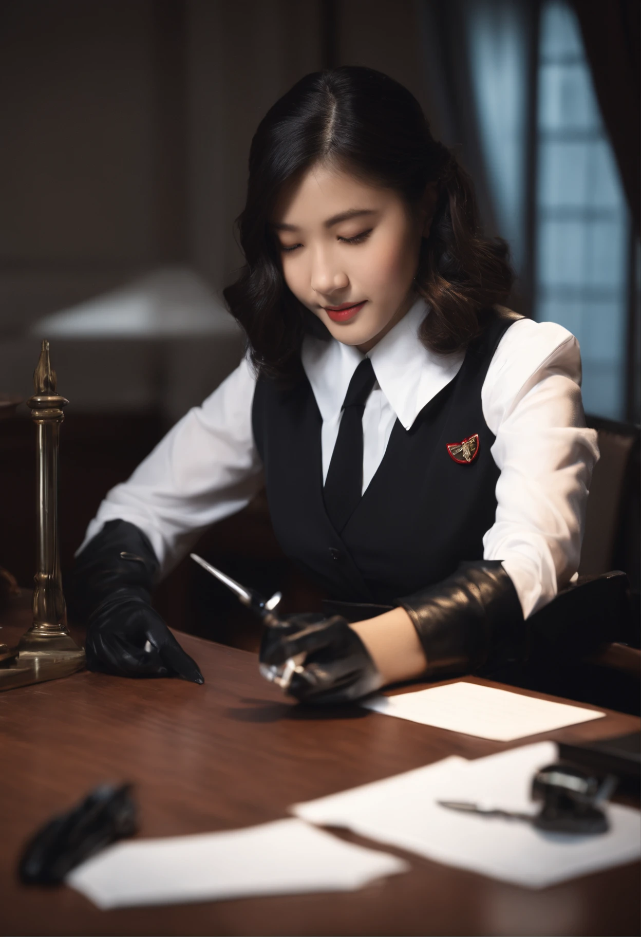 Wearing black leather gloves in both hands, upper body, black carabinieri uniform, shirt and tie, facing the desk in the modern study in the dark, looking down and smiling, writing a letter using a fountain pen, long straight black hair, young Japanese high school girl (black leather gloves cover both hands)