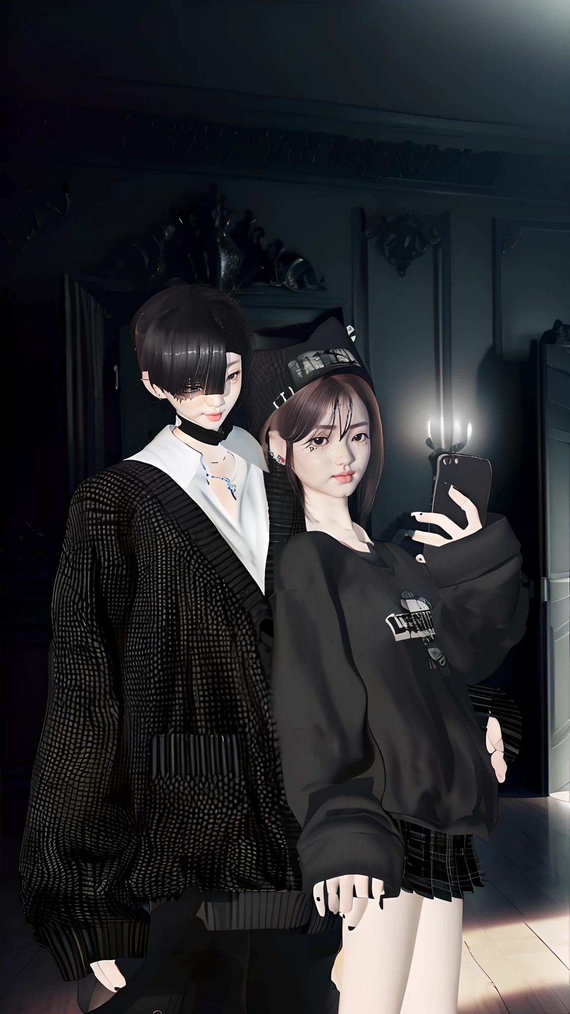 They are two women sitting on a sofa with a bag, kda and sam yang, nffsw, 2b, nixeu and sakimichan, 2 b, & jeehyung lee & wlop, 8K)), guweiz, ( ( ( ( 3 d render ) ) ) ), captured on canon eos r 6, nffsw, TWICE