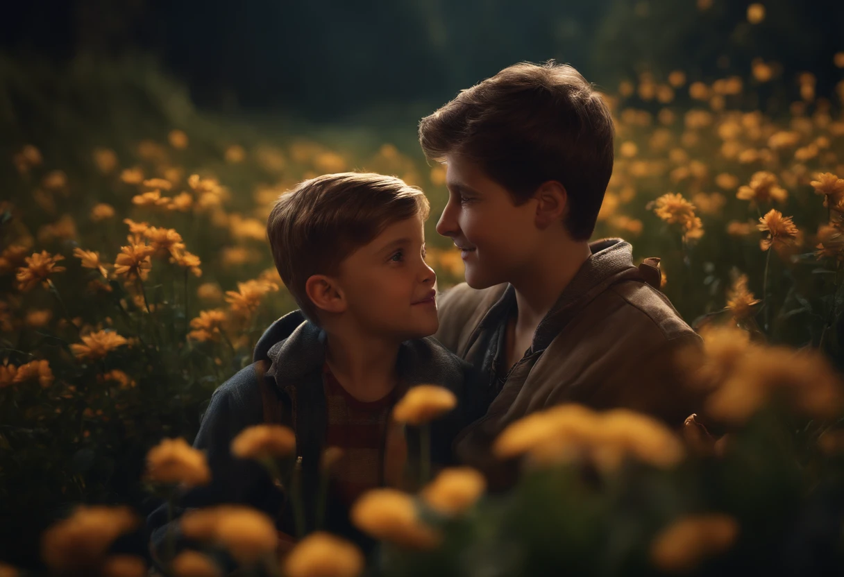 21 Boy AND 5 YEAR OLD SON PLAYING, NIGHTTIME, FLOWERS, NATURE, MOONLIGHT, REALISTIC, 8K, resolution concept art portrait by CAUCASIAN, REALISTIC, detailed matte painting, deep color, fantastical, intricate detail, splash screen, complementary colors, fantasy concept art, 8k resolution trending on Artstation Unreal Engine 5"