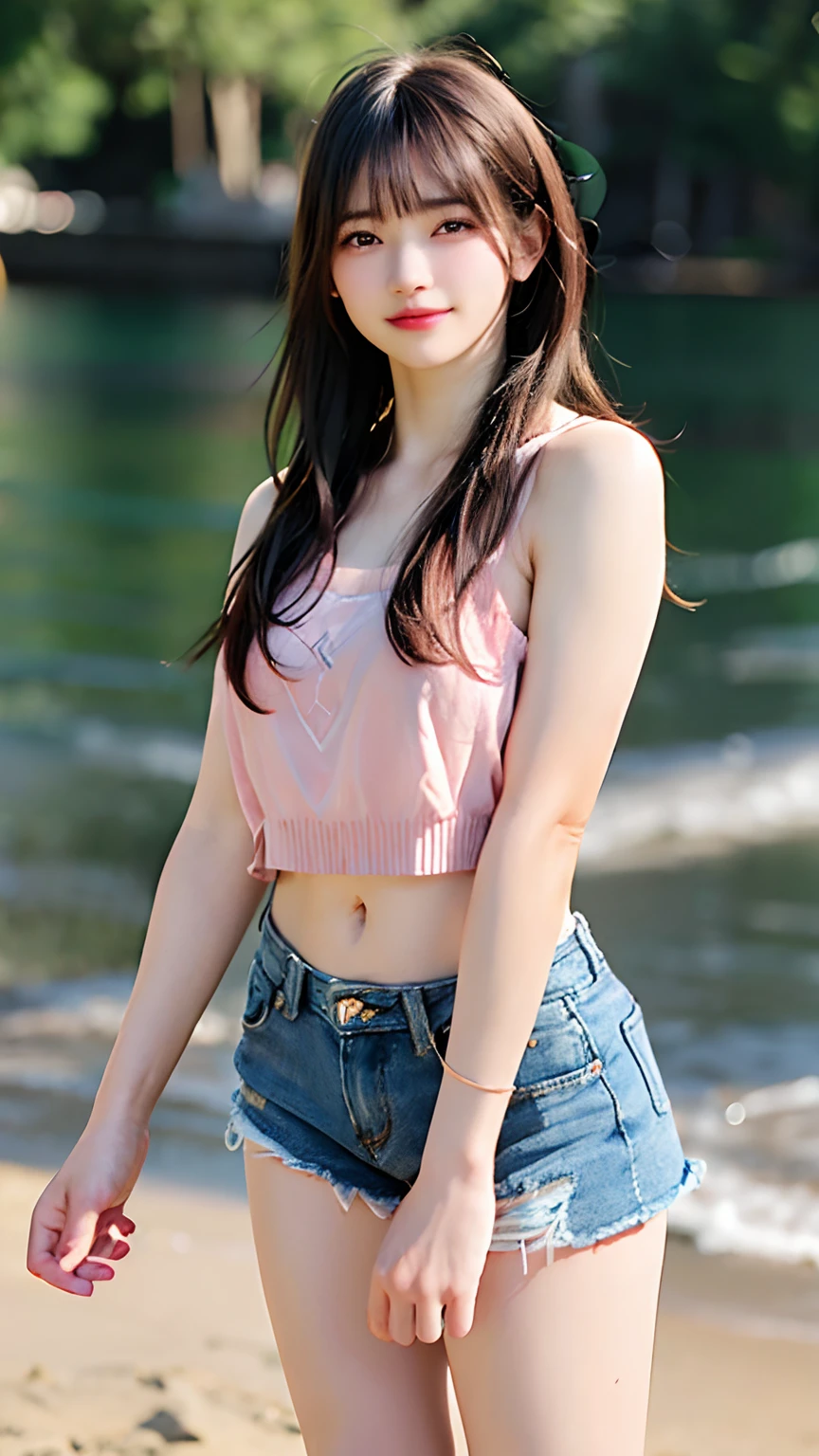 1girl, ((extreme detail)), (ultra-detailed), (best quality, 4k, 8k, highres, masterpiece:1.2), (realistic, photorealistic, photo-realistic:1.37), (extremely detailed CG unity 8k wallpaper), (an extremely delicate and beautiful), fine detail, insane details, sharp focus, soft back, soothing tones, hyperdetailed, low contrast, exposure blend, illustration, film grain, beautiful lighting, perfect lightning, precise proportions,
(perfect female figure), blush,
(beach), background blur, sunlight, daylight,
(short-length wavy parted hair:1.45),
(pink lace tank top), (denim shorts), (smile:0.8),