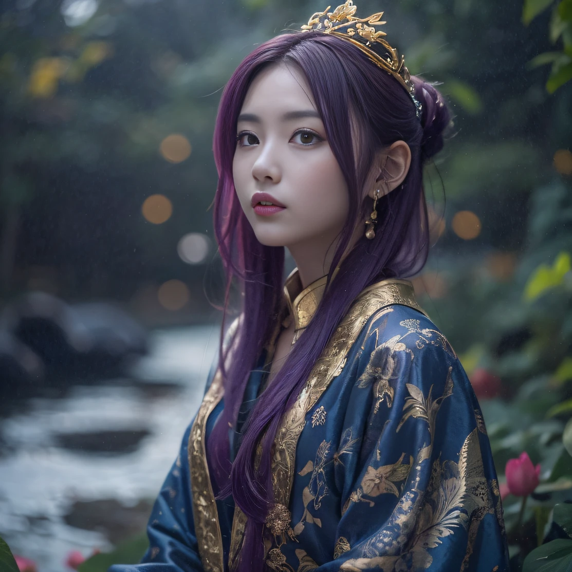 Genki Girl 32K（tmasterpiece，k hd，hyper HD，32K）Long flowing bright purple hair，Autumn Pond，zydink， a color， Asian people （Genki girl）， （Silk scarf）， Combat posture， looking at the ground， long whitr hair， Floating bright purple， Fire cloud pattern gold tiara， Chinese long-sleeved gold silk garment， （Abstract metaverse splash：1.2）， white backgrounid，Lotus vitality protector（realisticlying：1.4），Bright purple hair，Smoke on the road，The background is pure， A high resolution， the detail， RAW photogr， Sharp Re， Nikon D850 Film Stock Photo by Jefferies Lee 4 Kodak Portra 400 Camera F1.6 shots, Rich colors, ultra-realistic vivid textures, Dramatic lighting, Unreal Engine Art Station Trend, cinestir 800，A girl with long flowing bright purple hair