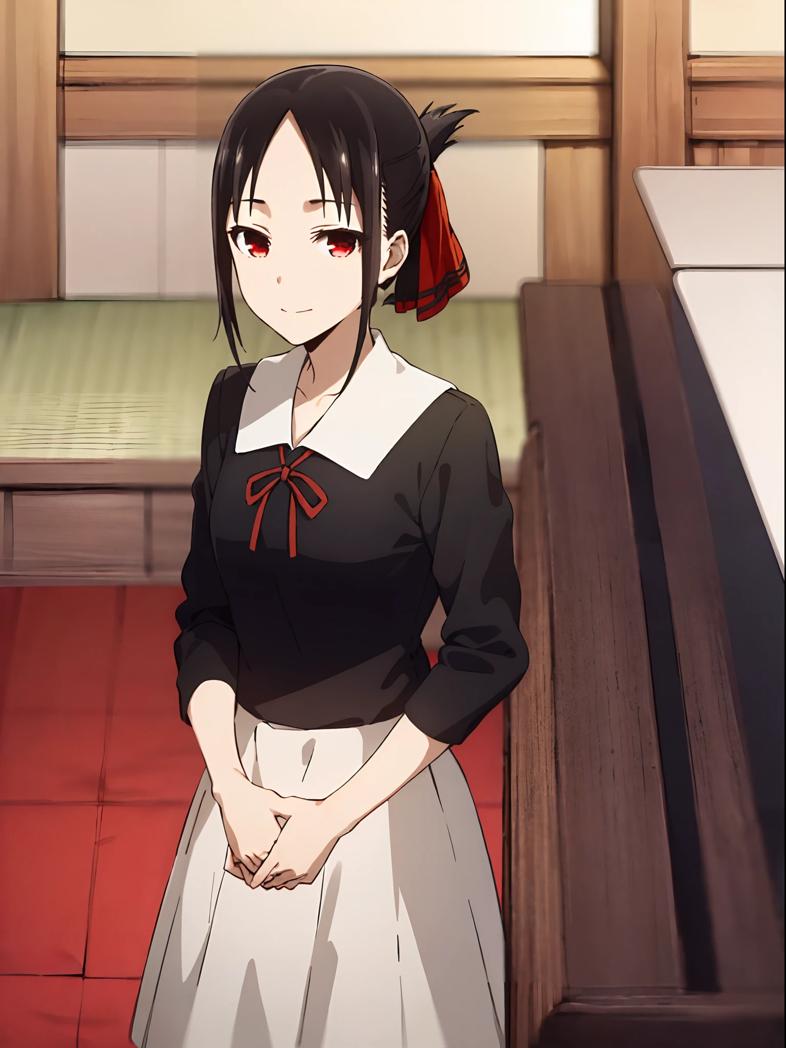 best quality, (masterpiece:1.2), detailed,
shinomiya kaguya,
1girl, solo, closed mouth, light smile,
black hair, red eyes, short hair, folded ponytail, hair ribbon,
school uniform, black dress, long sleeves, red ribbon,
standing, looking at the viewer,
classroom